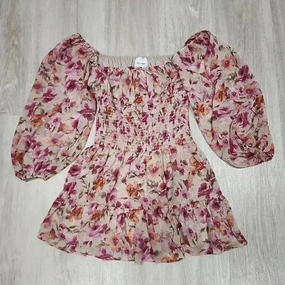 Sky to Moon Womens Floral Balloon Sleeve Smocked Waist Blouse Multi-Color Small - Picture 1 of 10